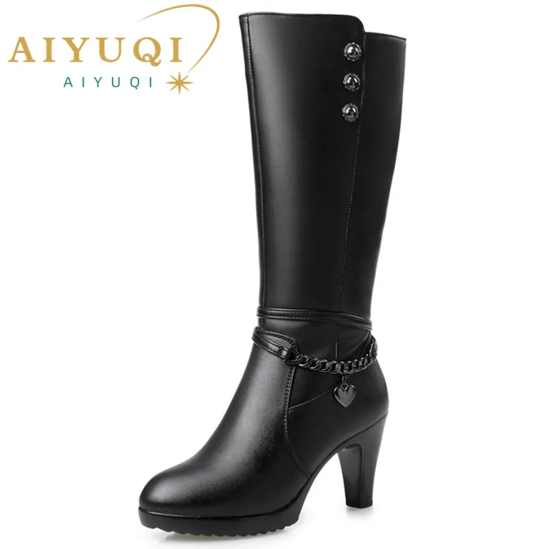 AIYUQI, zapatos de invierno para mujer, botas de mujer de tacón alto, botas de moto de cuero genuino, botas de invierno cálidas de lana gruesa,