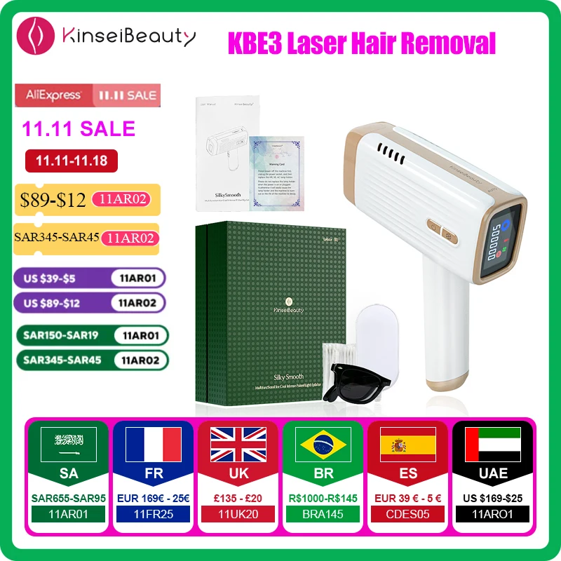 Kinseibeauty E3 Laser Removal Hair Device Ice Cold Epilator Laser Replaceble Lens IPL Laser Home Use For Women Men 500000Flashes