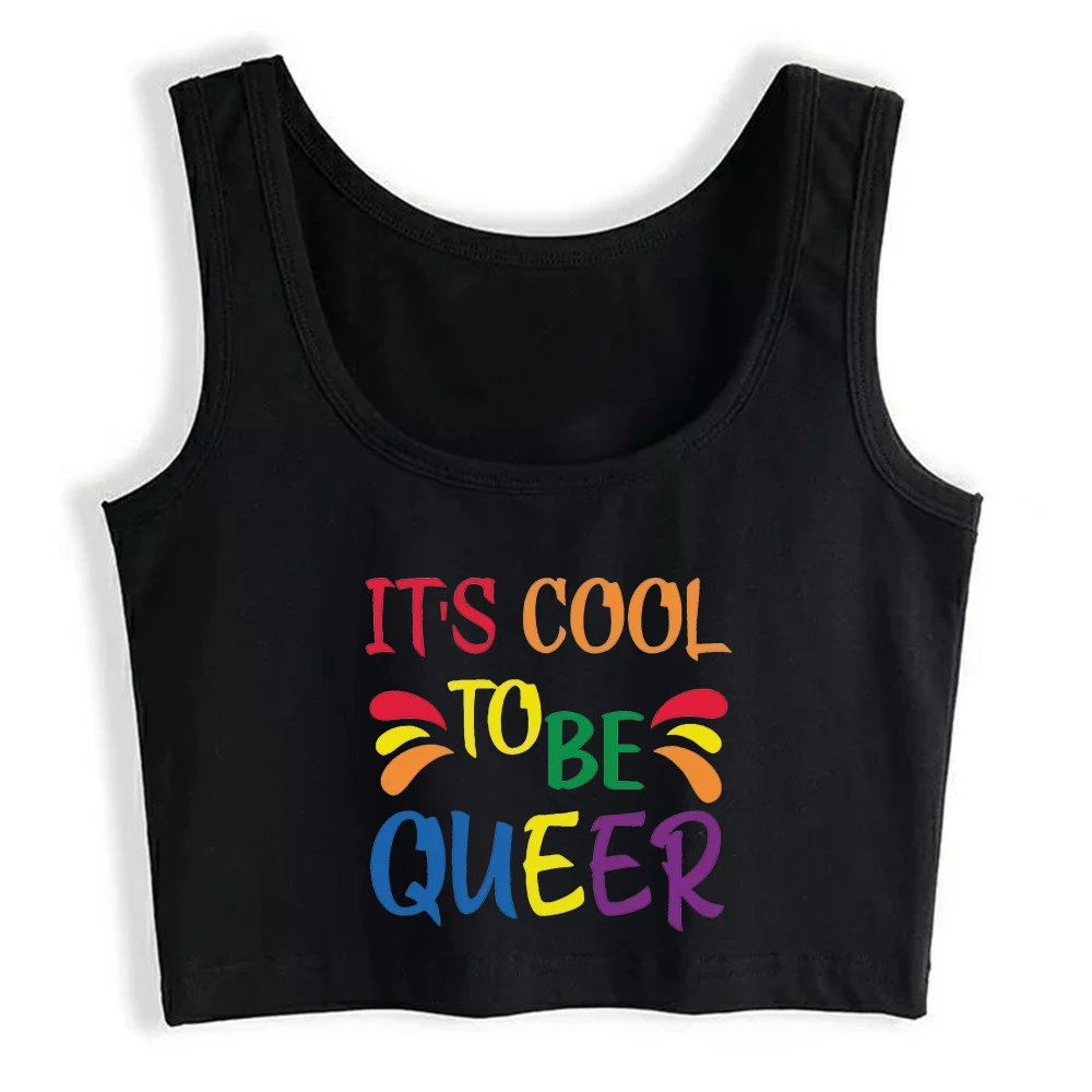 It's Cool To Be Queer Text Design Sexy Slim Fit Crop Top LGBT Lesbian Gay Cotton Tank Tops Creative Rainbow Text Print Camisole