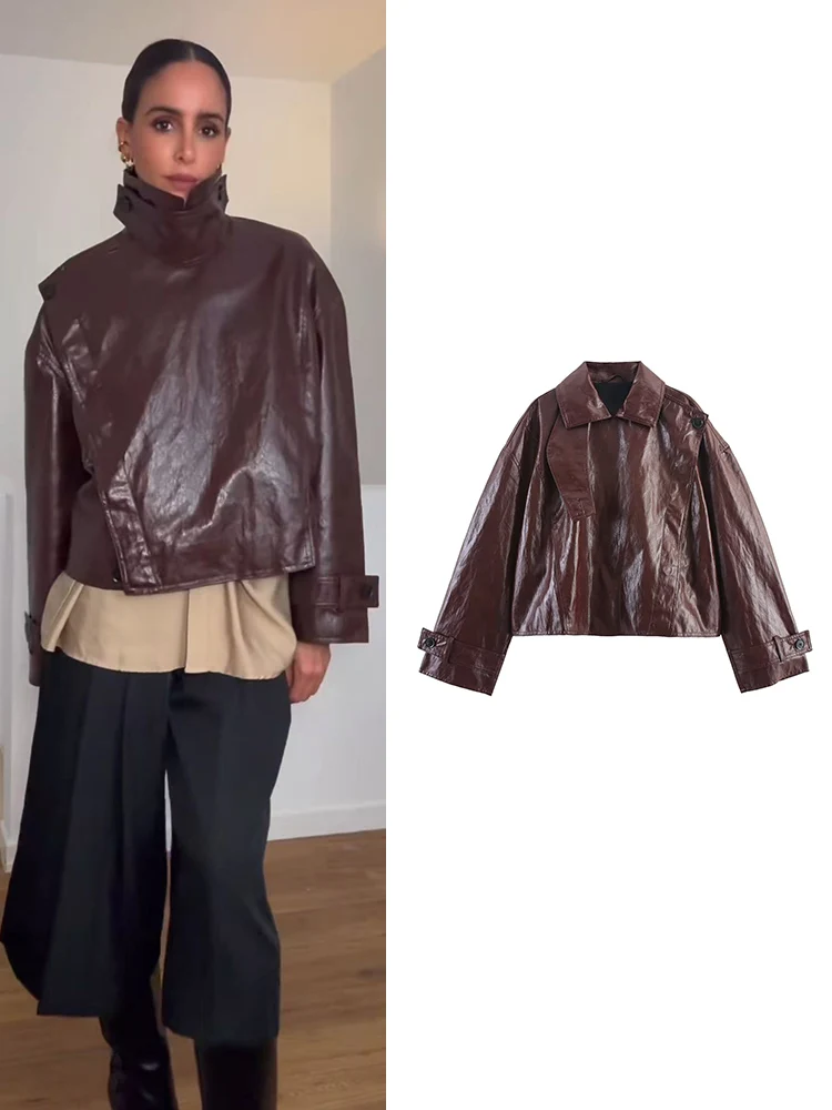 

﻿ TFMLN куртка из искусственной кожи для женщин, повседневное свободное пальто из искусственной кожи с лацканами на пуговицах, новые осенние однотонные куртки-бомберы, уличная верхняя одежда