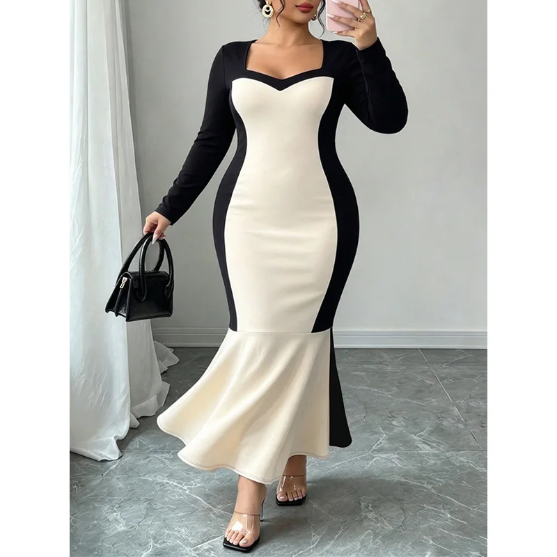 Slergiri Plus Size Sweettheart Neck Colorblock Mermaid Hem Dress Women Spring Autumn Evening Party Bodycon Elegant Long Dresses 5