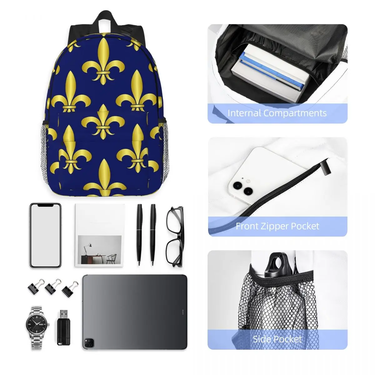 Gold Blue Fleur De Lis Royal Lily Rucksack, heißer Verkauf, Tagesrucksack, große Kapazität, für Jungen und Mädchen, Büchertasche, Umhängetaschen, für Männer und Frauen, Schultasche
