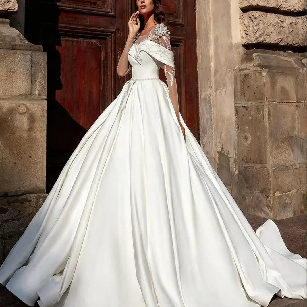 

Customized Elegant Satin Ball Gown Wedding Dress Long Sleeve Beading Appliques Formal Bride Porm Party Gowns