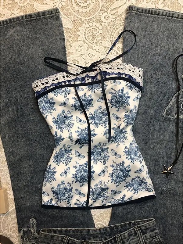 Harajuku Retro Floral Print Goth Tube Tops Camisole Sexy Y2k Vintage 2000s Strapless Emo Girls Punk Hip Hop Tees Streetwear Chic