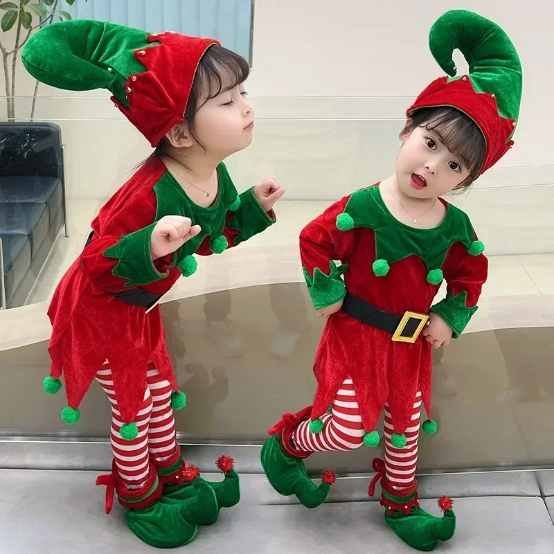 Fantasia Capodanno Verde Vestito da Babbo Natale Costume da Elfo per Bambini Ragazza Set con Cappello Bambini Festa di Natale Abito Set Performance 2025