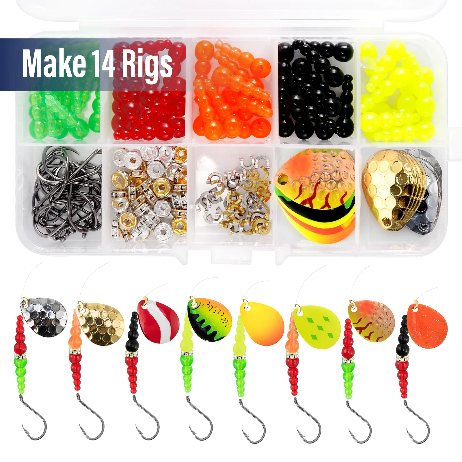 

164pcs Fishing Spinner Walleye Rig Trout Spinners Trolling Rig Inline Spinners Making Kit with Stacked Bead Colorado Blades