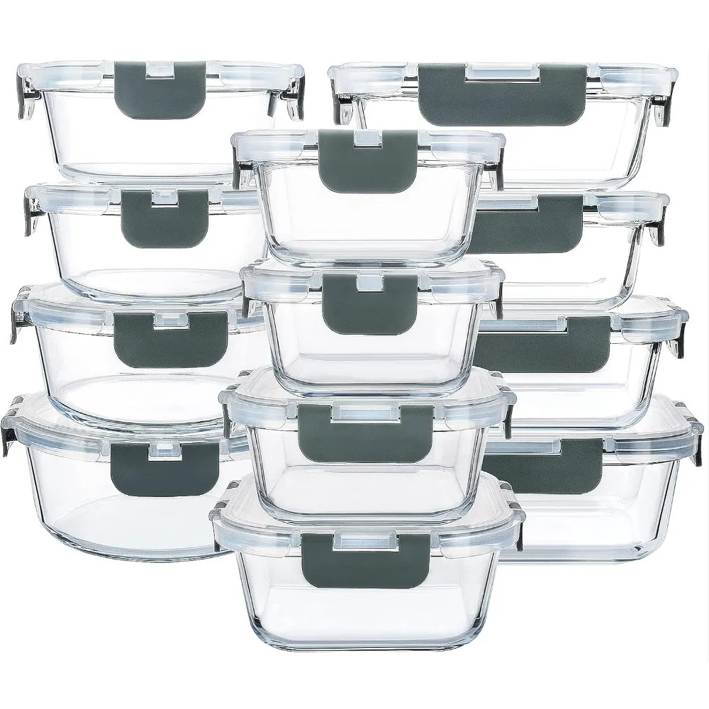 24 Piece Glass Food Storage Containers with Airtight Snap Locking Lids for Meal Prep Microwave Oven Freezer Dishwasher Safe