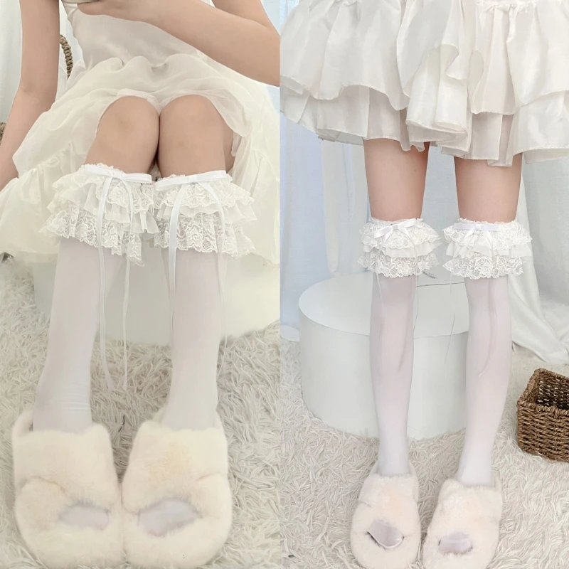 1 Pair Ruffle Calf Socks Calf Tube Frilly Socks Ballet Socks for Girl with Bows Lace Top Sock Princess Style Dress Socks