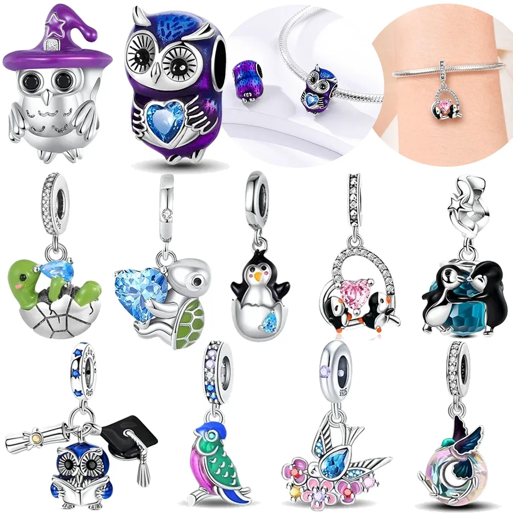 

Original S925 Silver Penguin Blue Heart Zircon Owl Colorful Animal Bird Beads Fit Bracelet Charms Women Gift Necklace Accessory