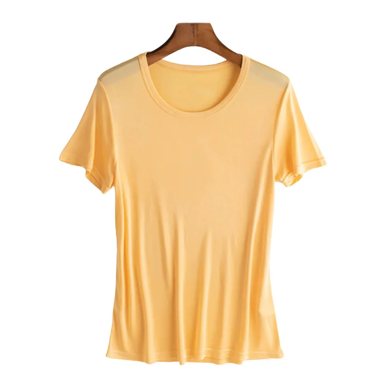 T-Shirts for Women Summer Short Sleeve Crew Neck 23% Mulberry Silk Casual Basic Loose Fit Tee Tops Blouse