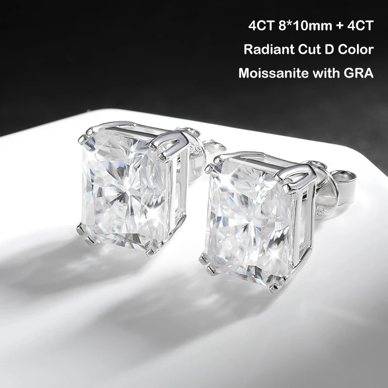 EWYA Luxury 4CT Radiant Emerald Cut D Color Moissanite Stud Earrings for Women Ladies 925 Silver GRA Certified Wedding Earring