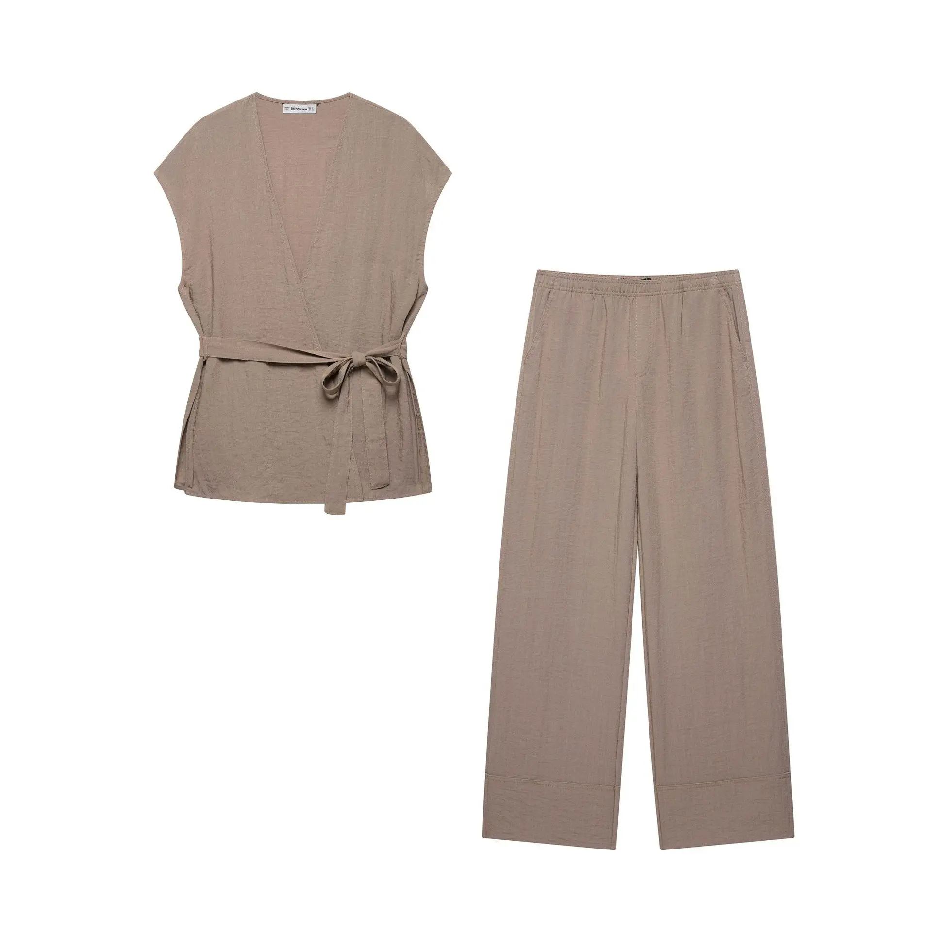 

Ladies new fashion belt decoration casual vest style V-neck shirt retro sleeveless blouse kimono top straight long pants suit