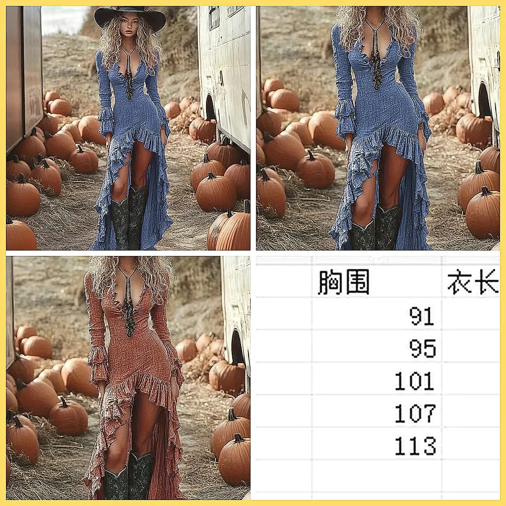 

Boho Maxi Dress for Women 2026, Deep V-Neck Long Sleeve Ruffle Hem Sexy Party Dress (Characters: 74)