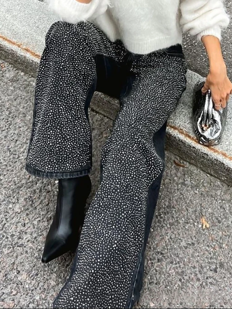 

Fantoye Glitter Diamonds Sparkling Women jeans Black High Waist Single Button Long Pants Female Summer Loose Casual Streetwear