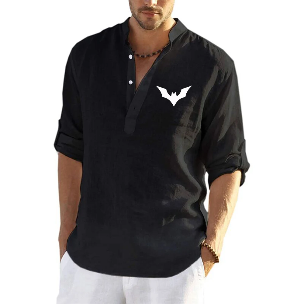 Bat pattern Men's linen long-sleeved garment with lightweight and breathable fabric and V-neck design