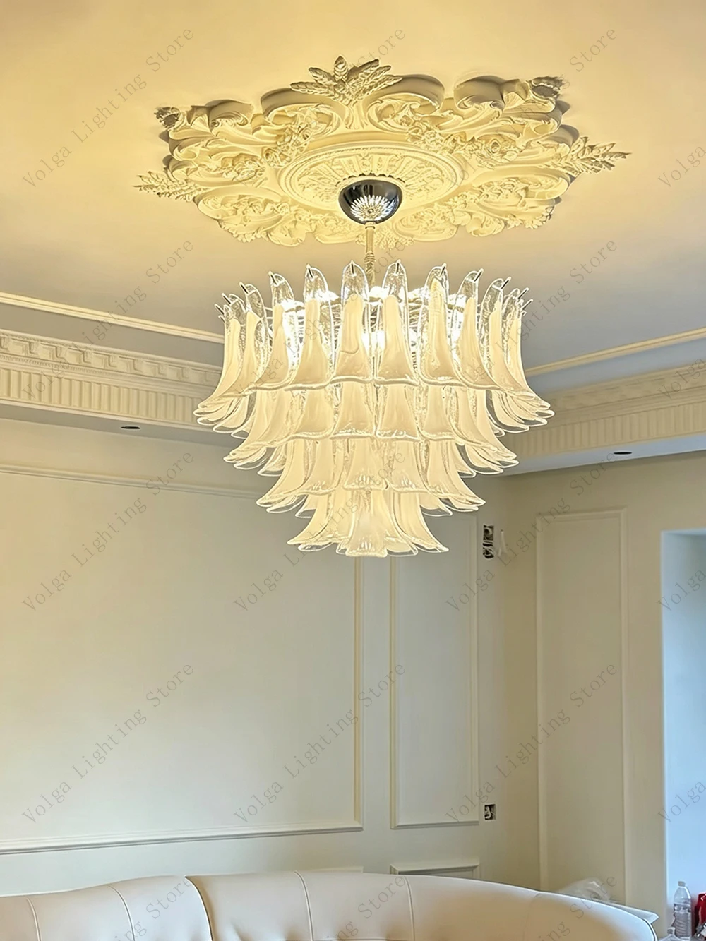 Classic Murano Glass White Pendant Lights for Living Room Dining Table, Luxury Indoor Decoration Hanging Chandelier  Gold