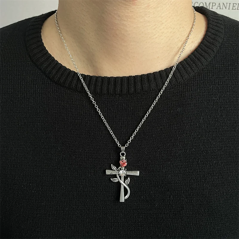 Aesthetic Rose Flower Cross Pendant Necklace Bridal Neck Accessories for Wedding Newly Design Exquisite Women Jewelry New