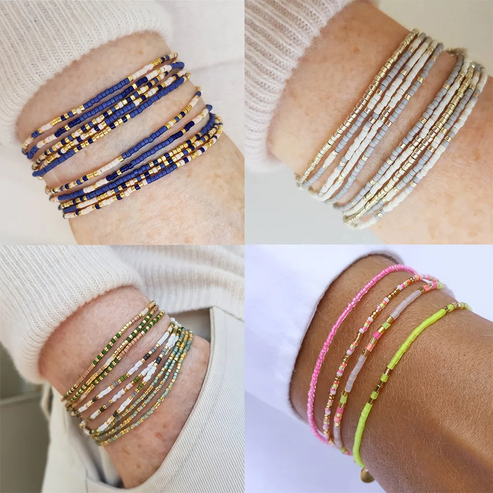 4/5/6Pcs Navy Blue White Gold Miyuki Seed Bead Stackable Bracelet Set, Bohemian Multilayer Thin Strand Wrist Jewelry for Women