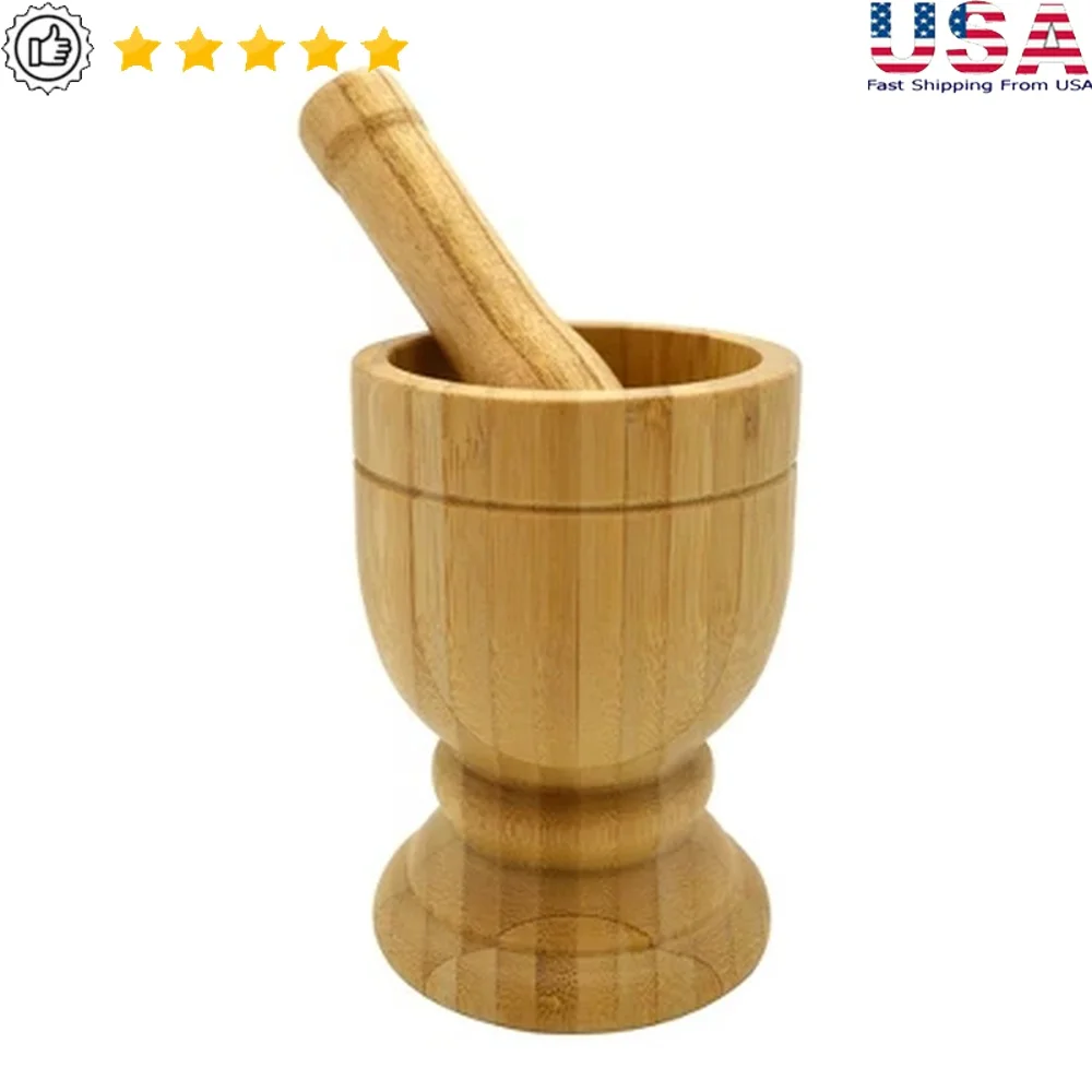 

Small Bamboo Mortar and Pestle Set Crushing Mashing Grinding Herbs Spices Garlic Kitchen Tool Durable Easy Clean