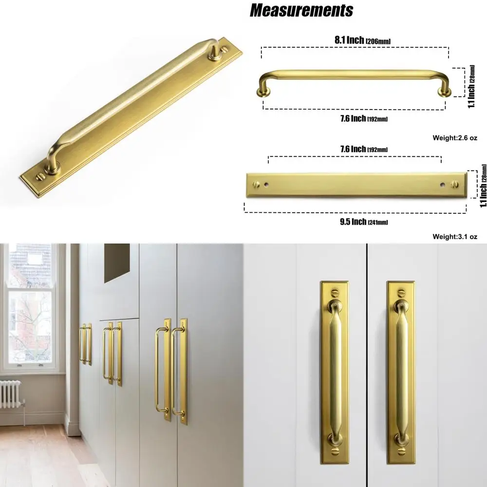 

Brushed Gold Zinc Alloy Cabinet Handles with Backplates, 7.56 (192mm) Hole Centers, Suitable for Bedroom and Kitchen Cabinets