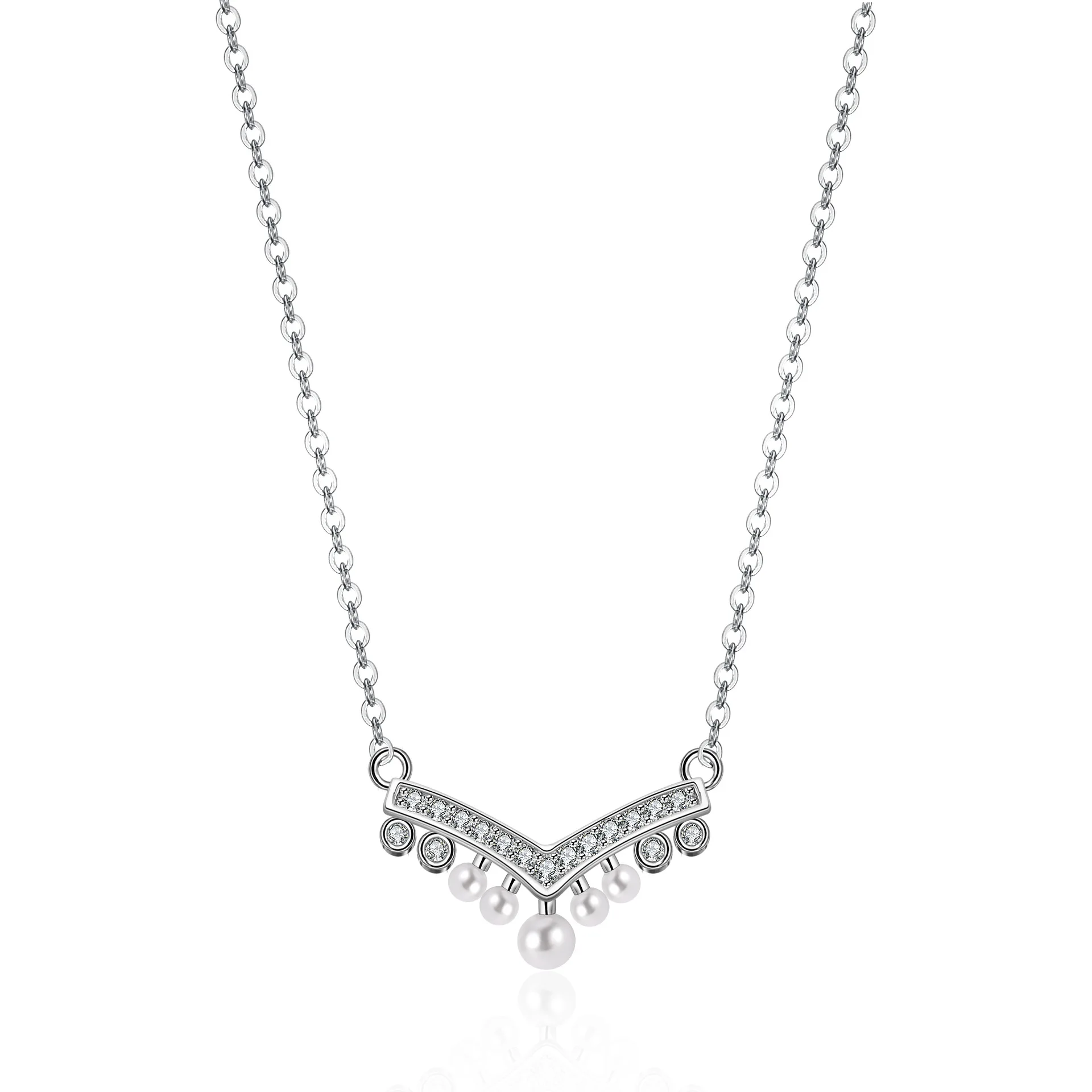 

S925 sterling silver pendant moissanite necklace women's V-shaped pearl necklace silver pendant collarbone chain