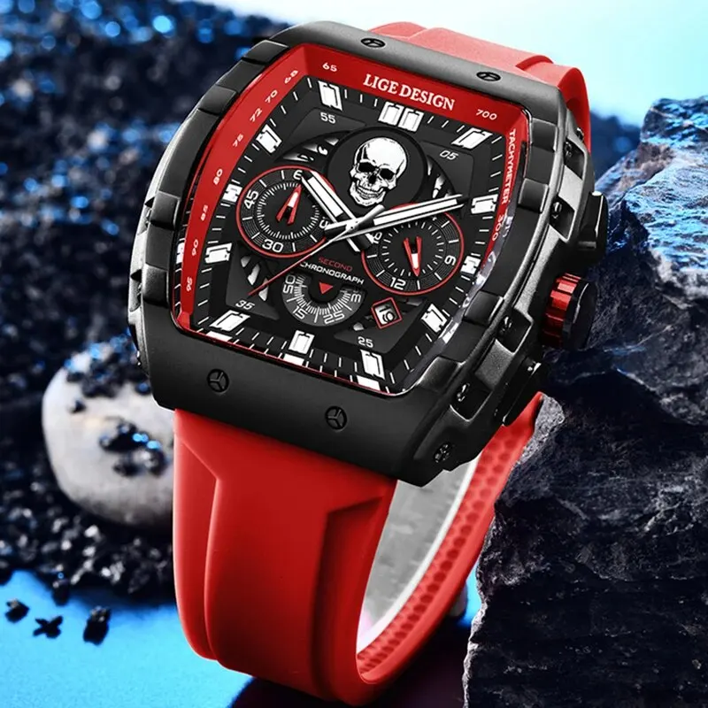 LIGE New Fashion Mens Watches Top Luxury Brand Waterproof Sports Quartz Chronograph Wristwatch Casual Military Skull Watch Men