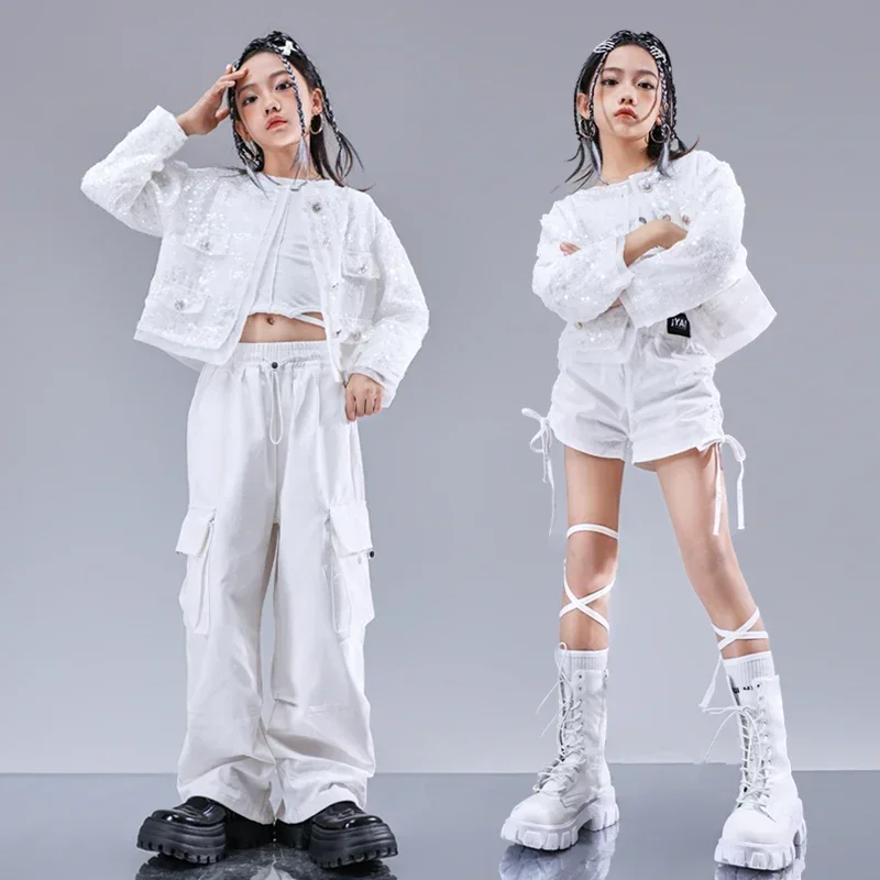 Kids Hip Hop Clothing White Sequined Short Jacket Top Casual Cargo Pants Shorts for Girls Streetwear Jazz Dance Costumes Clothes