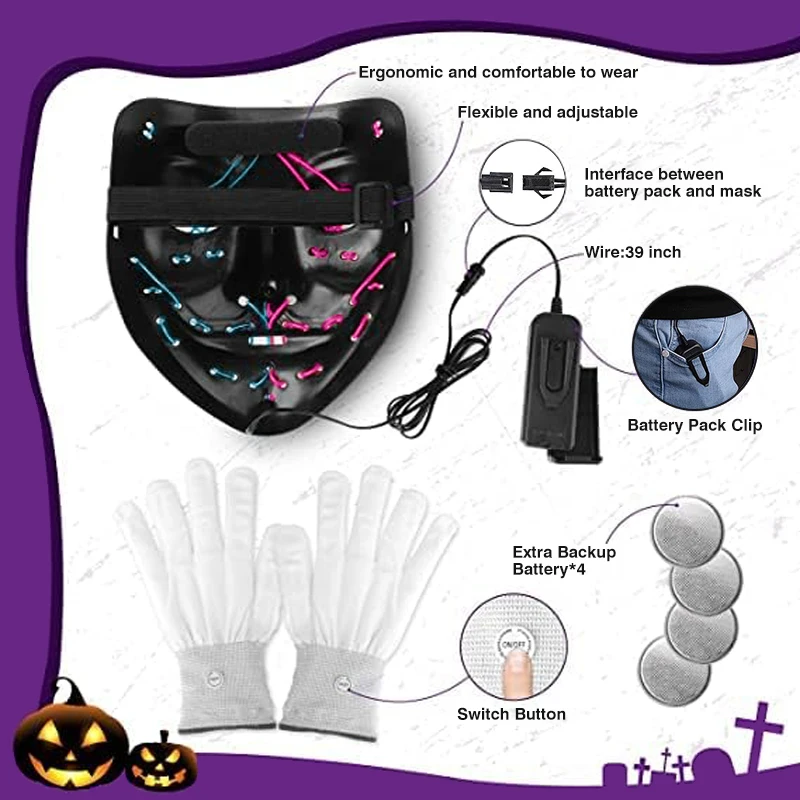 Máscara de neón inalámbrica para Halloween, máscara Led con guantes brillantes, máscara de purga, máscaras para fiesta de Carnaval, máscaras de terror que brillan en la oscuridad