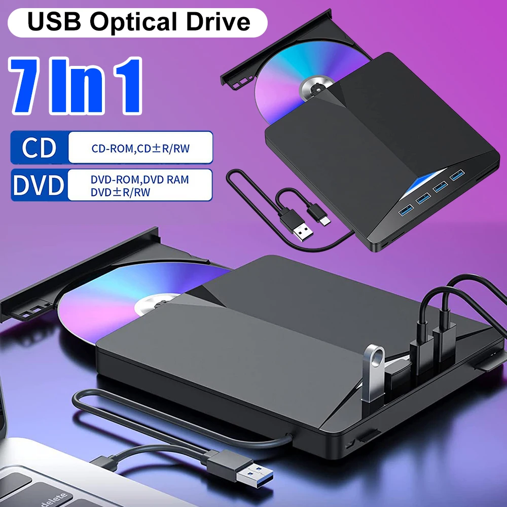 Portable DVD Player 7 In 1 External CD/DVD Drive USB 3.0 Type C CD Burner External Disk Drive for Windows 11/10/8/7/Linux/OS