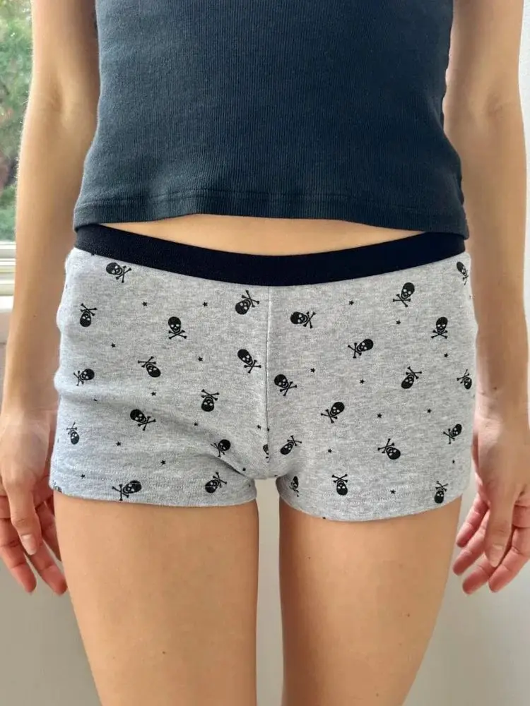 Skulls Print Cotton Vest Shorts Set Women Summer Slim Tank Straight Short Pant Casual Vintage Gray Home Pajama 2 Pieces Sets Y2k