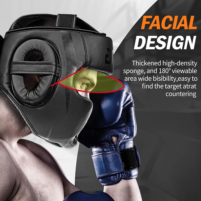 FIVING Full-Covered Boxing Helmet Muay Thai PU Leather Training Sparring Boxing Headgear Gym Equipment Taekwondo Head Guard