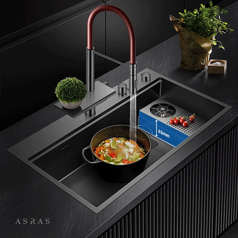 ASRAS New Waterfall Faucet Kitchen Sinks Nanometer Large Size 4mm Panel Handmade Sinks Cup Rinser Kitchen Sinks