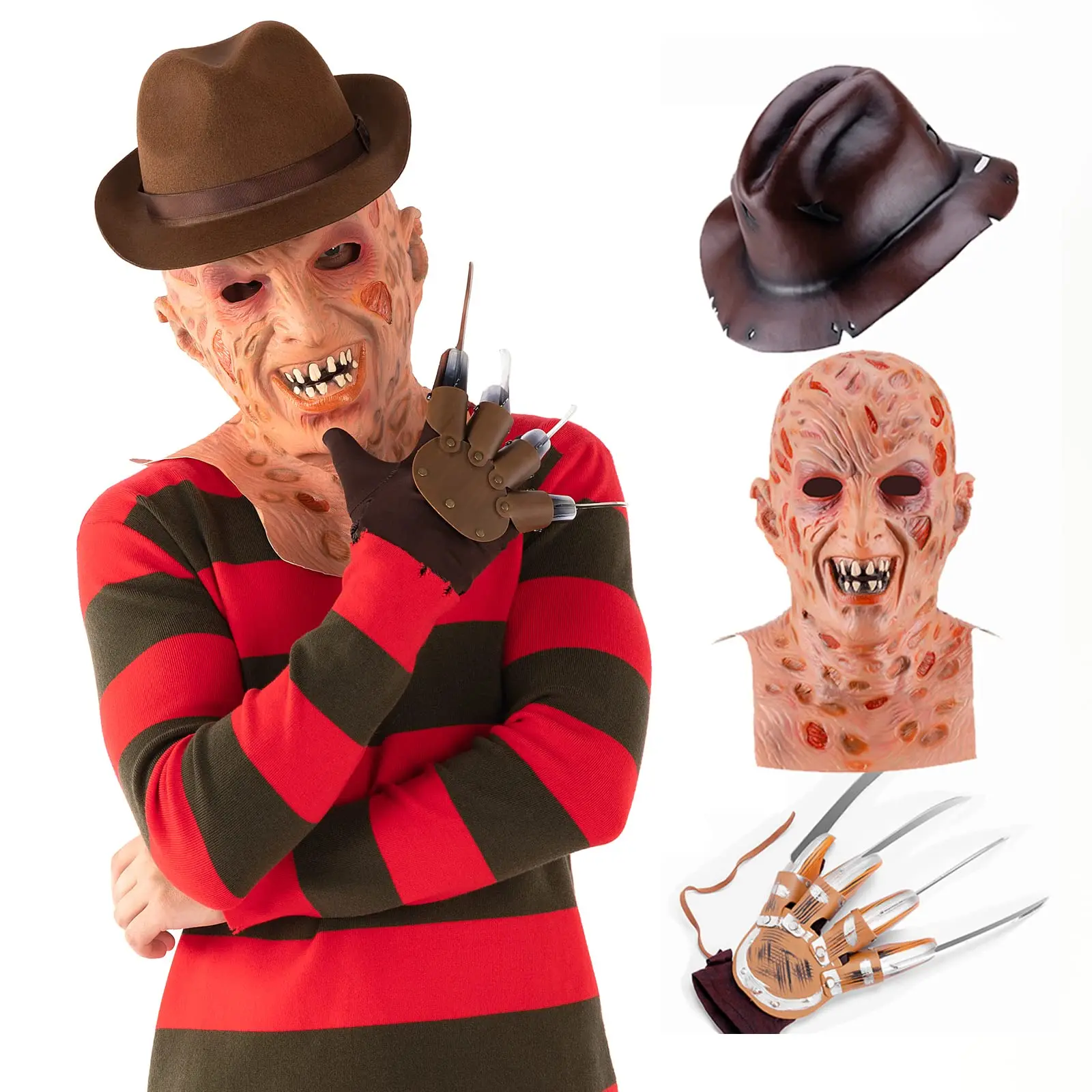 

Halloween Scary Krueger Costume for Men Red Striped Sweater Creepy Mask Steel Claw Glove Cowboy Hat Adult