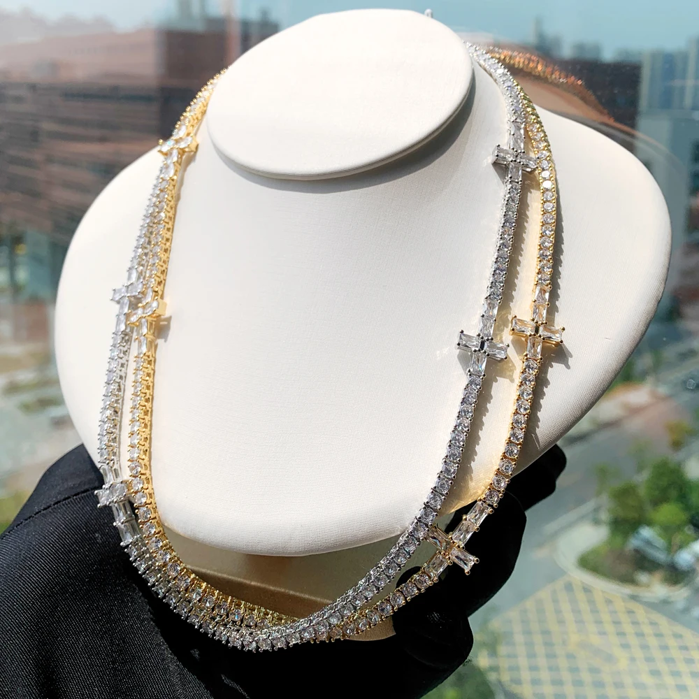 

Iced Out Bling Cubic Zirconia Paved Men Boy Jewelry 3MM Tennis Chain With Cross Charm Hip Hop Cool Boy Choker Necklace 18" 20"