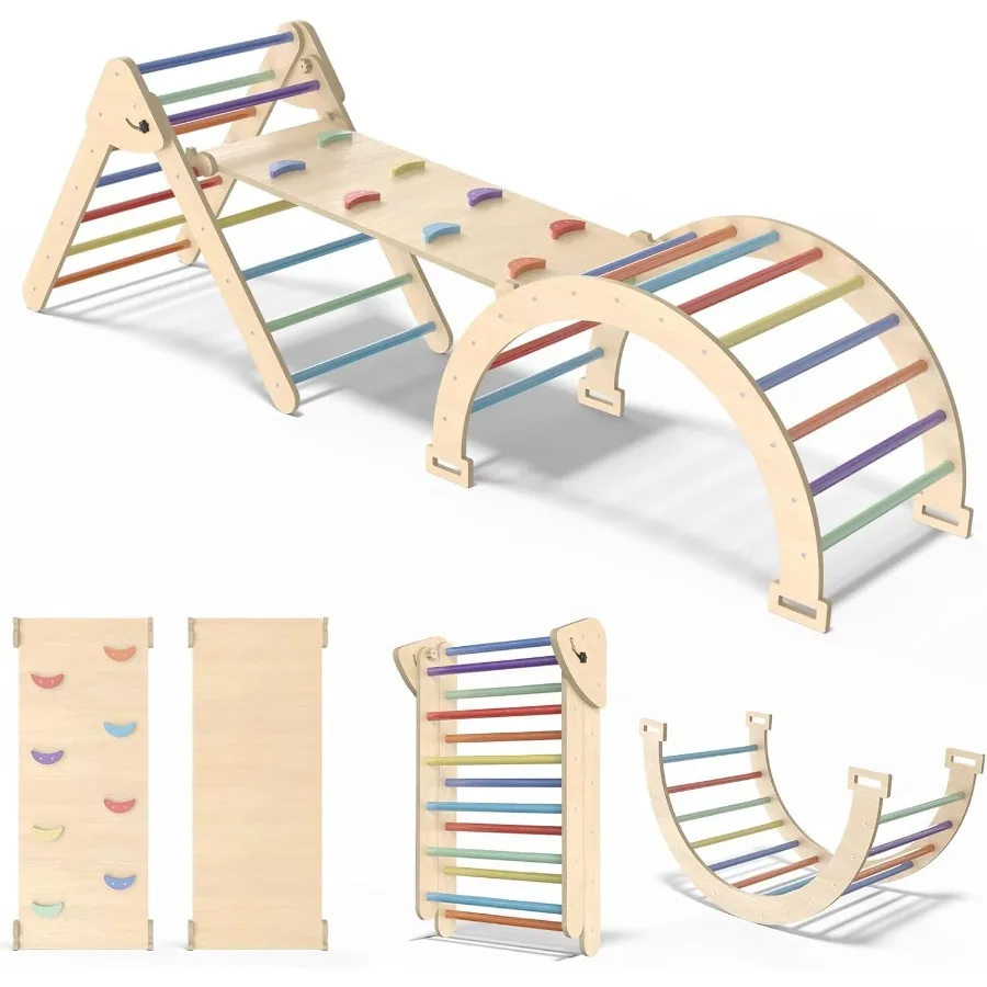 

7 in 1 Montessori Pikler Triangle Set Foldable Wooden Climbing Gym for Toddlers Indoor Play with Arch Ramp Ladder Natural Wood