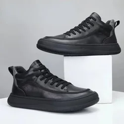 Botas de cuero con plataforma para hombre, botines cálidos de piel, cortos, con cordones, informales, a la moda, color negro, 2024