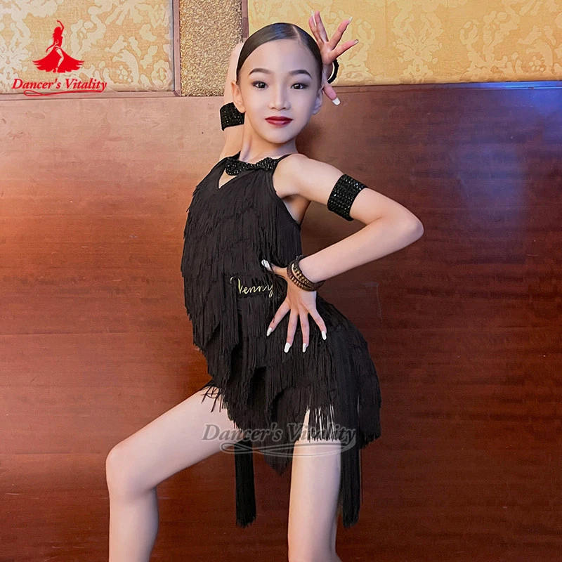 Vestido Latino Negro con Borlas para Adultos y Niños, Talla Personalizable, Ropa para Samba, Chachachá, Paso Doble, Vitalidad del Bailarín