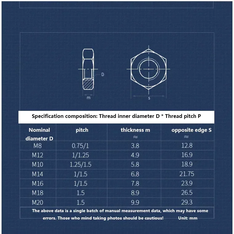 M6 M8 M10 M12 M14 M16 M18 M20 304 Stainless Steel  Hexagon Thin Nut Fine Thread Fine Nut Bolt Screw Hexagon Nut
