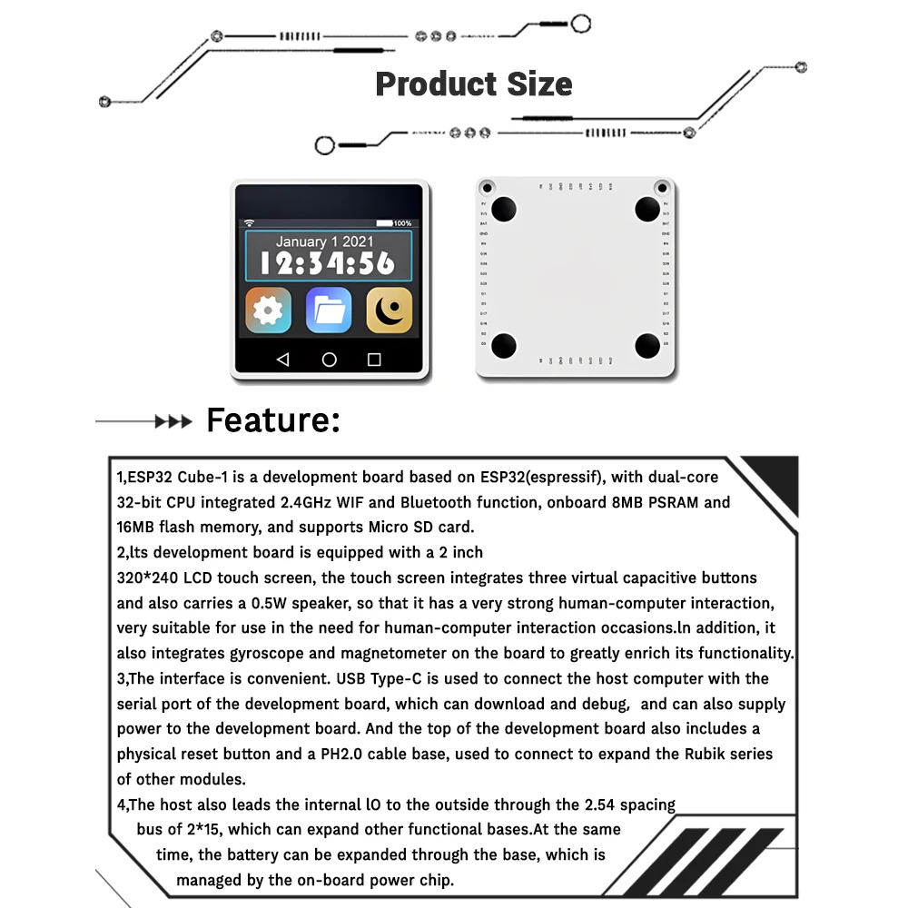 ESP32 Development Board 2.4G WIFI BT Module with 2 Inch LCD Display ESP32-Box Cube-1 8MB RSRAM 16MB Flash Type-C