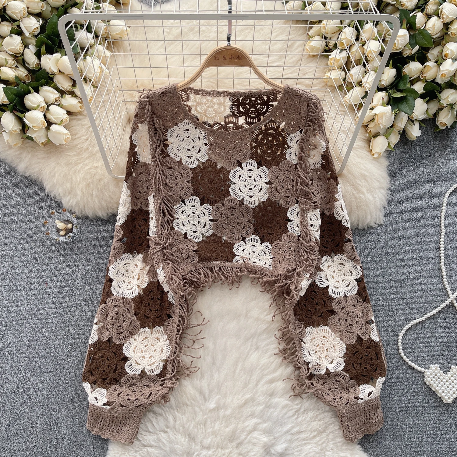 Chic Floral Long Batwing Sleeve Vintage Hollow Crochet Tassel Capes Blouse Fashion Tops Sexy Elegant Autumn Women Pullover Y2k