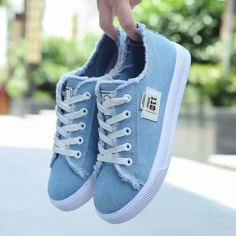

Women's Canvas Shoes Casual Lace-up Two-way Sneakers Breathable Light Blue Denim Flat Shoes for Students Daily Walking Shoes