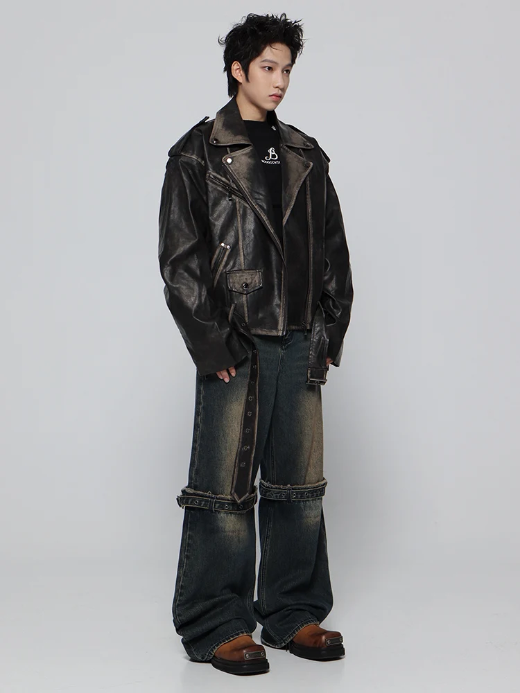 Mauroicardi Spring Cool Handsome Vintage Distressed Black Pu Leather Biker Jacket Men Belt Zipper Loose Unisex Clothes 2024 16 Sc258eeafe3244644ab970f3f09a1cbb91