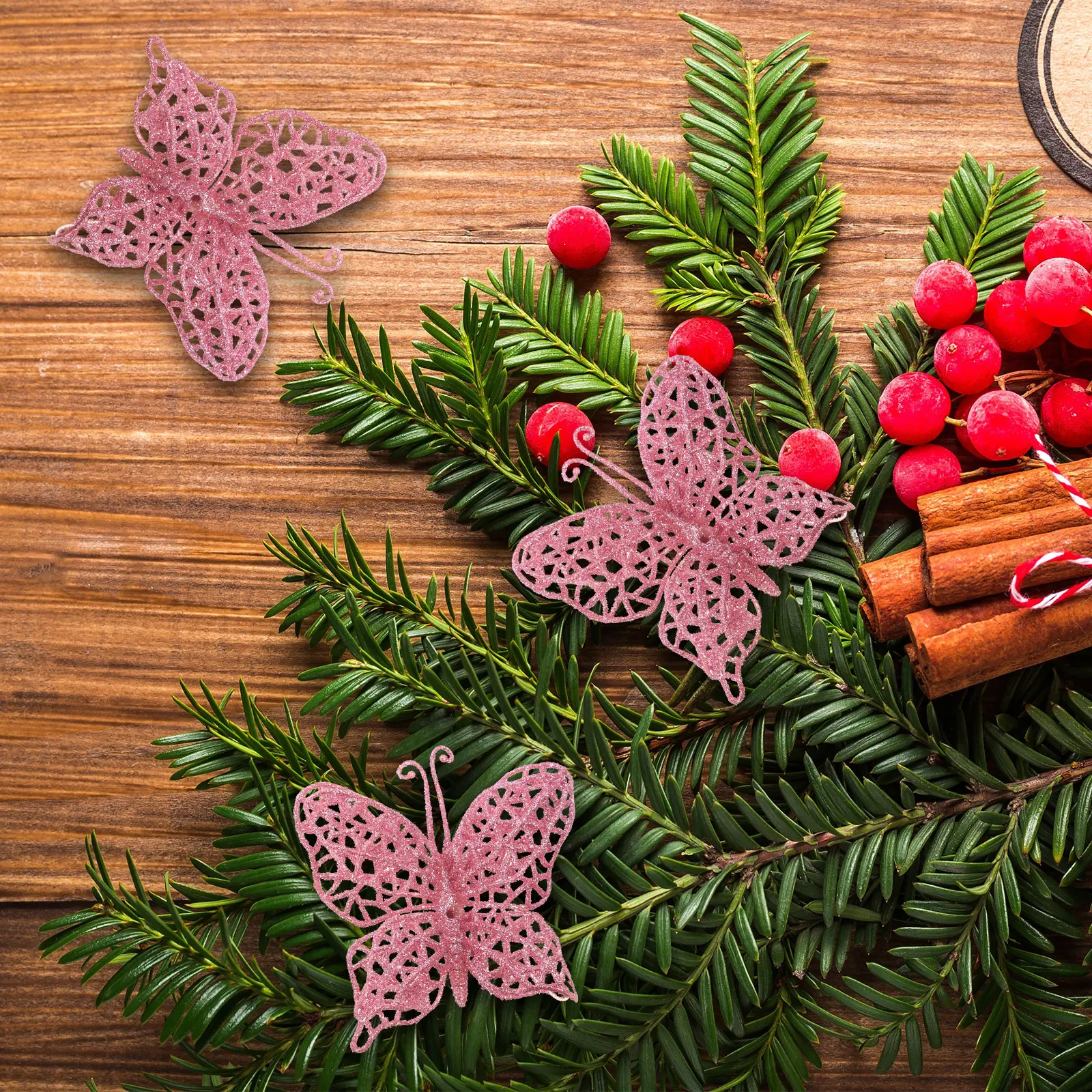 

36 Pcs Pink Glitter Butterfly Christmas Tree Decoration Wedding Party Supplies naments Holiday Home Decor Xmas Wreath