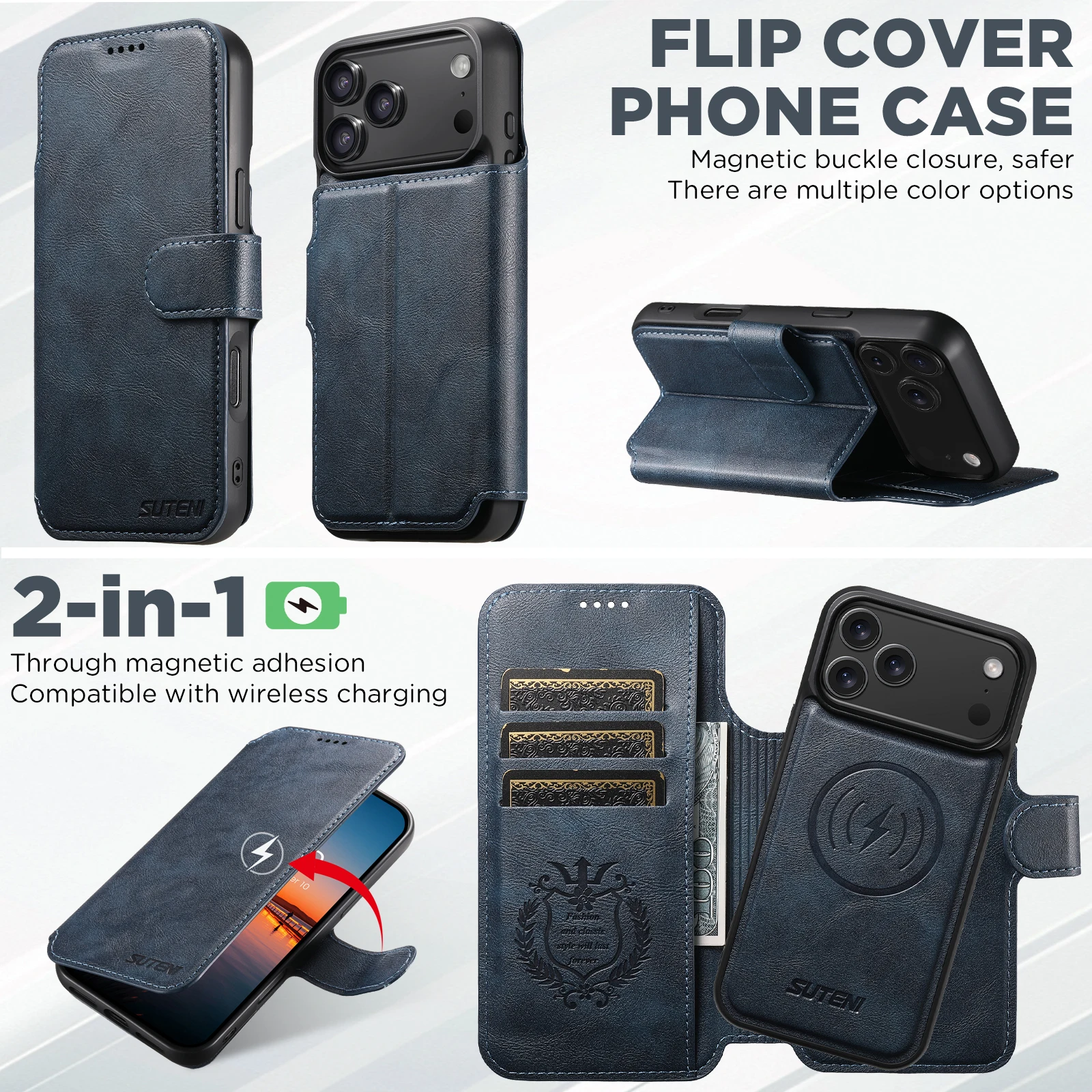 SUTENI Kunstleder Kabelloses Ladegerät Kartenhalter Ständer Brieftasche Magnetische Klapphülle Handyhülle für iPhone 18 Pro Max 17 16 15 14 – Detail 31