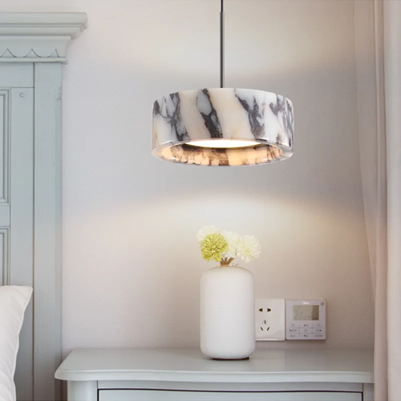 Luxury Black Round Natural Stone Pendant Lamp High-end Bedroom Bedside LED Chandelier Living room Decoration Home Hanging Lights