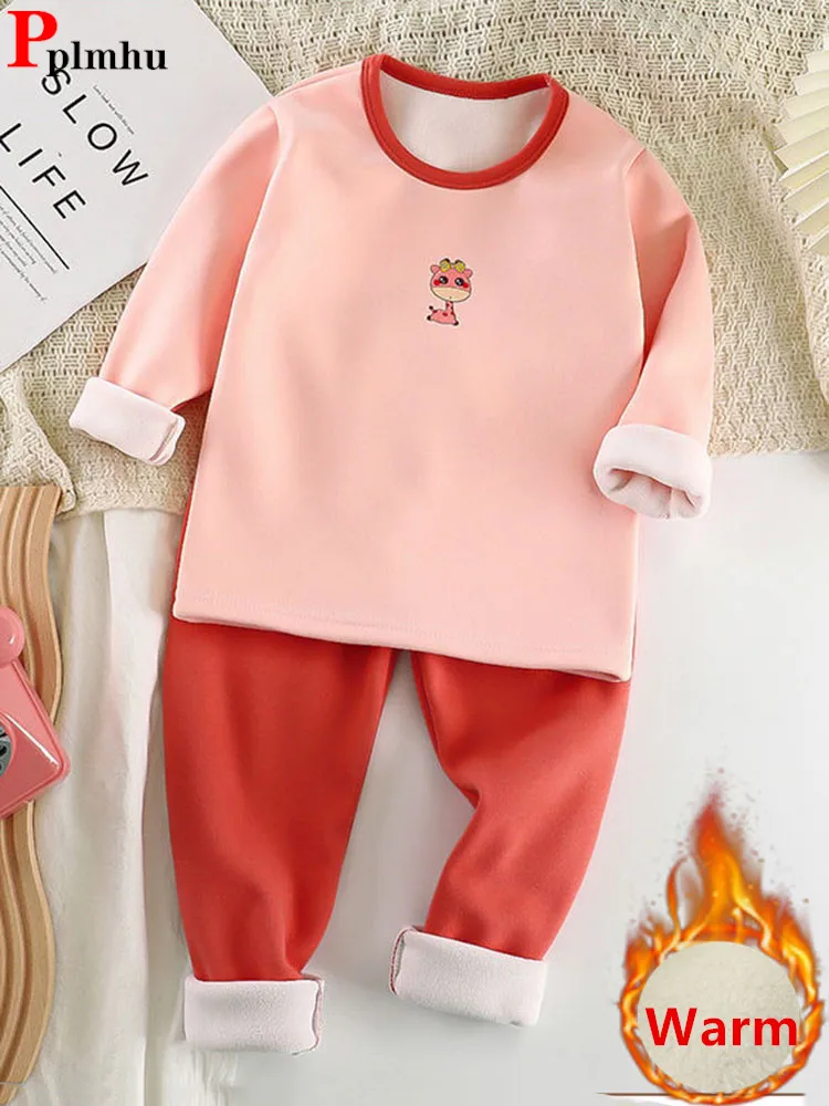 

Casual Velvet Lined Kids 2 Piece Sets Print Warm Round Collar Boys/Girl Underwear Outfit Winter Plush Thermals Children Ensemble