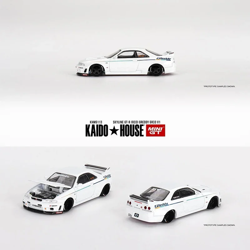 

MINIGT KHMG113 1:64 Skyline GTR R33 Greddy GR33 WHITE Openable Hood Diecast Diorama Car Model Kaido House