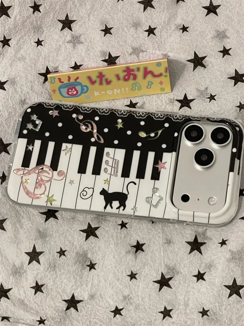 Black and White Piano Music Notes Cat Kawaii Cute Phone Case For iPhone 18 17 16 15 14 13 12 11 Pro XR XS X Max 8 7 MINI Cover view 3