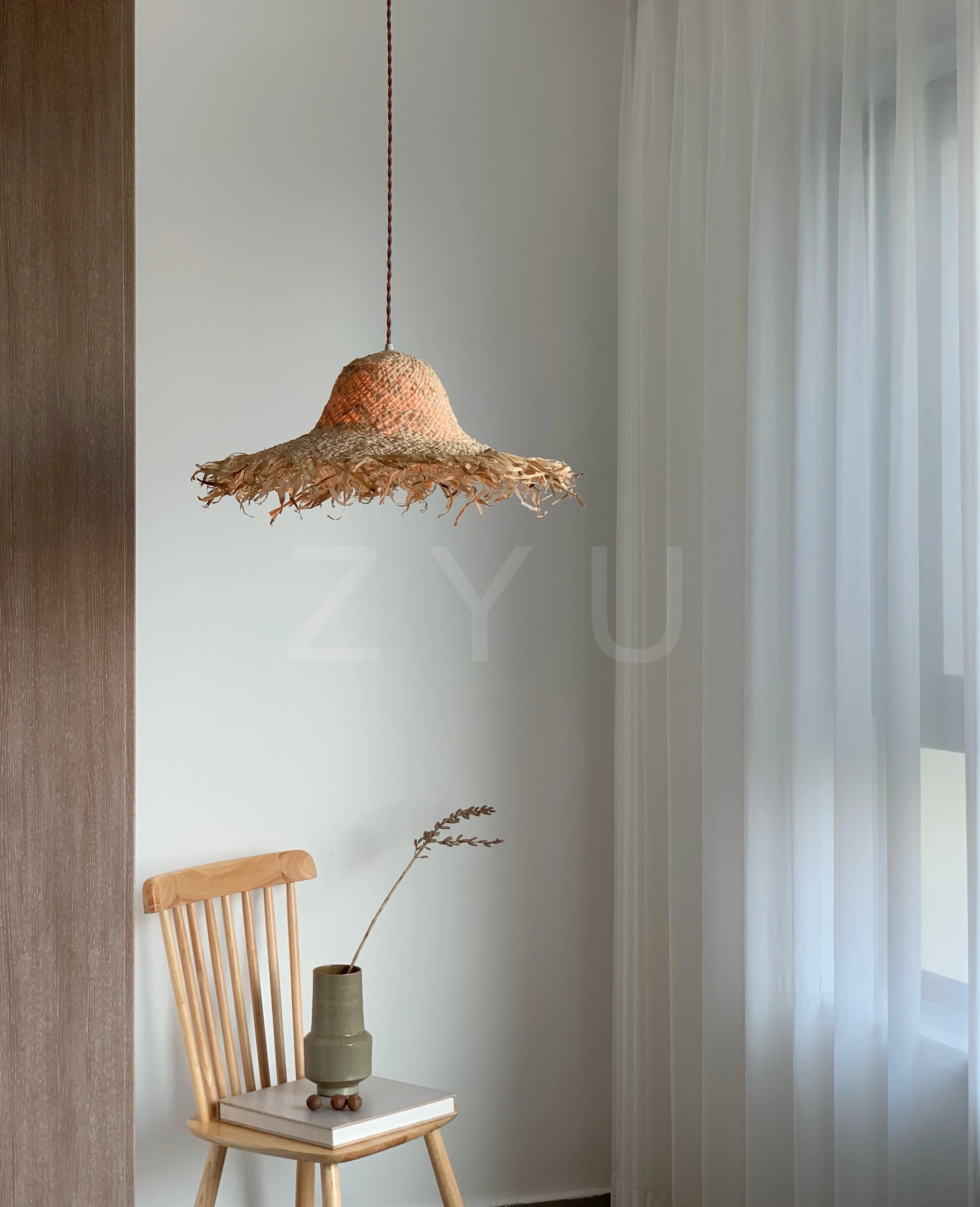 Japanese Wabi Sabi style retro pendant light simple and creative art decoration for homestays rattan woven straw hat light