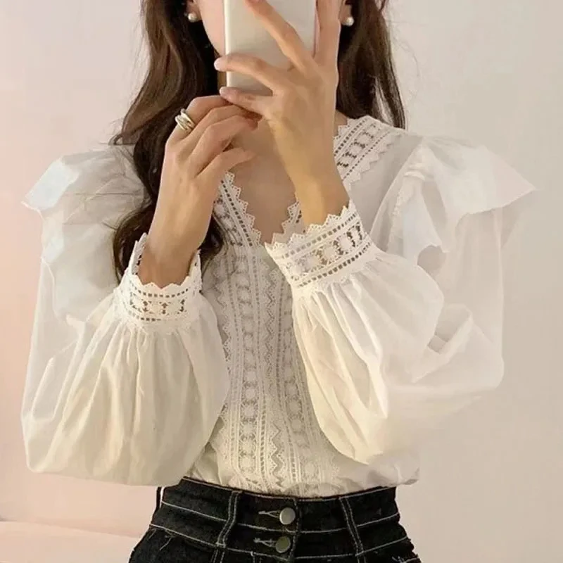 Elegant Spring Summer Lace Blouse Women Korean Style V-neck Loose Puff Sleeve Long Sleeve Ruffles Shirt Lady Casual Tops 1983